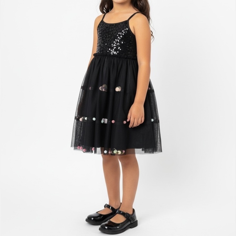 Cat & Jack Black Sequin Pom Pom Embellishment Tulle Party Dress | Size XS 4-5